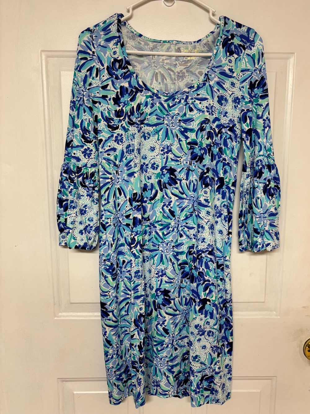 Lilly Pulitzer XS Blue Aqua Floral 3/4 Sleeve Shift Dress